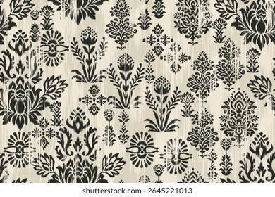 Seamless ikat floral pattern with damask embroidery in ethnic traditional style, black and white abstract texture illustration for textile, fabric, clothing, wallpaper, and decoration.