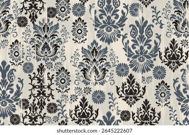 Seamless ikat floral pattern with damask and embroidery elements in ethnic traditional style, vintage abstract texture illustration for textile fabric clothing decoration and wallpaper design.
