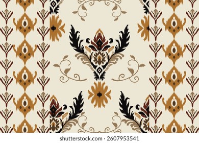 Seamless Ikat floral pattern with ethnic and ornamental embroidery in earthy tones. Perfect for textile design, home decor, wallpaper, wrapping paper, and fashion projects.
