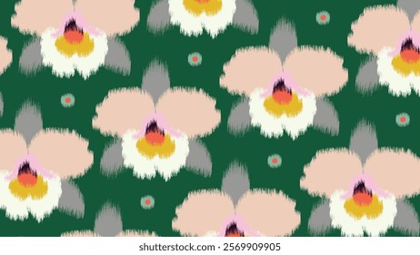 A seamless ikat floral pattern featuring abstract orchid flowers in soft pink, white, and yellow tones. The flowers are set against a rich dark green background, giving a bold yet elegant look.