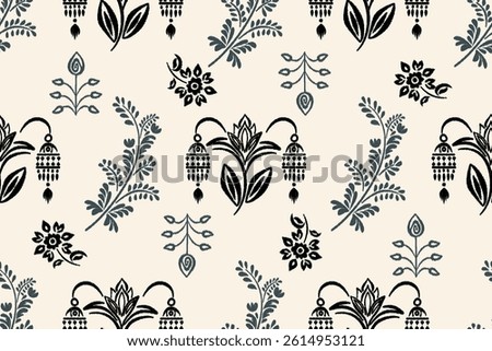 Seamless ikat floral pattern with flowers and leaves motifs on a cream background in vintage spring style.Ikat ethnic tribal, handmade seamless wallpaper. Design for decoration and textile.