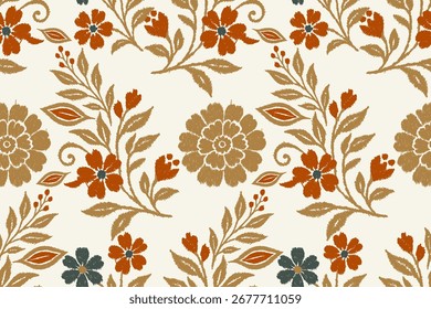 Nahtloses IKAT-Blumenmuster im handgezeichneten Stickereistil mit erdigen Tönen, traditionelles ethnisches Damast-Design für Textilien, Stoff, Kleidung, Dekoration, abstrakter Illustrationshintergrund.