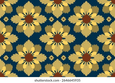 Padrão floral de Ikat sem costura com grande amarelo e marrom Flores abstratas no fundo azul escuro - Design têxtil tradicional inspirado por tecido étnico para decoração, papel de parede e moda 