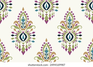 Seamless Ikat floral pattern on white background vector illustration.Ikat ethnic oriental embroidery.Aztec style,abstract background.design for texture,fabric,clothing,wrapping paper,decoration,print