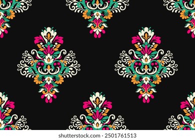 Seamless Ikat floral pattern on black background vector illustration.Ikat ethnic oriental embroidery.Aztec style,abstract background.design for texture,fabric,clothing,wrapping paper,decoration,print