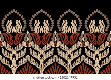 Nahtloses Ikat-Blumenmuster auf schwarzem Hintergrund. Vektorgrafik. Ethnische orientalische Ikat Stickerei. Aztekenstil. Abstrakter Hintergrund. Design für Texturen, Stoff, Kleidung, Geschenkverpackung und Dekor