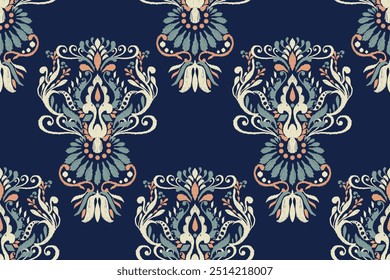 Padrão floral de Ikat sem emenda sobre o vetor de fundo azul ilustration.Ikat étnico oriental boroidery.Aztec estilo,fundo abstrato.design para textura,tecido,roupas,papel de embrulho,decoração,impressão.