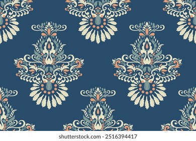 Patrón floral inconsútil de Ikat sobre fondo azul Ilustración vectorial. Bordado oriental étnico de Ikat. Estilo azteca, fondo abstracto. diseño para textura, tela, ropa, papel de embalaje, decoración, impresión.