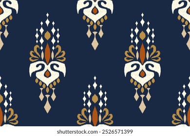 Seamless Ikat floral pattern on navy blue background,Ikat floral design seamless pattern,Ikat ethnic oriental pattern,vector illustration.design for texture,fabric,clothing,wrapping,decoration,sarong.