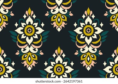 Seamless Ikat floral pattern on black background,Ikat seamless pattern,Ikat ethnic oriental seamless pattern traditional,Aztec,abstract,embroidery.design for texture,fabric,clothing,decoration,print