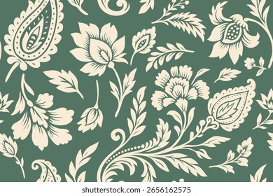 Seamless Ikat Floral Pattern with Paisley Embroidery Style on Green Background, Traditional Ethnic Damask Ornament for Fabric, Clothing, Textile, Abstract Vintage Design Illustration Texture.