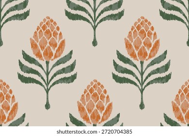 Seamless Ikat Floral Pattern with Stylized Protea Blooms and Green Foliage. Perfect for interior wallpaper, home textiles, luxury upholstery, and high-fashion apparel designs.