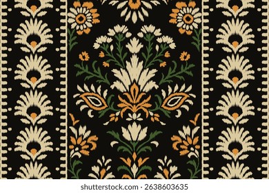 Seamless ikat floral pattern with traditional ethnic design, vintage textile inspired ornament in black, cream, orange and green colors, vector illustration for fabric and wallpaper.