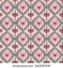 Seamless ikat heart pattern in soft pink, grey, and brown tones. Vintage-style romantic textile design, perfect for Valentine's Day, home decor, wallpapers, fabric, and gift wrapping.