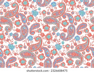 seamless Ikat paisley pattern on white background