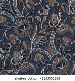 seamless ikat paisley pattern on grey background