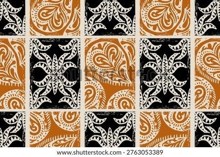 Seamless Ikat Patchwork Pattern, Orange and Black Tribal Geometric Tile Design with Paisley and Floral Motifs, Ethnic Damask Tile Pattern for Bohemian Fashion, Home Decor, and Hand-Drawn Textile