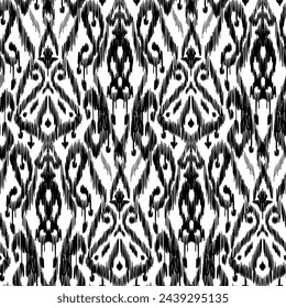 Seamless Ikat Pattern. Abstract black and white background for textile design, wallpaper, surface textures. ATLAS ADRAS ABAYAS