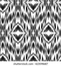 Seamless  Ikat Pattern. Abstract black and white background for textile design, wallpaper, surface textures.  Boho style.
