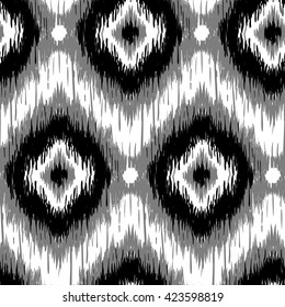 Seamless  Ikat Pattern. Abstract black and white background for textile design, wallpaper, surface textures.  Boho style.