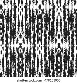 Seamless Ikat Pattern. Abstract black and white background for textile design, wallpaper, surface textures. Boho style.