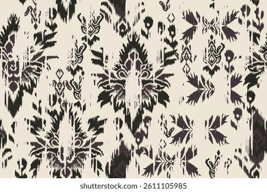 Seamless ikat pattern with abstract floral and tribal design in black and beige, ethnic textile background perfect for fabric, fashion, home decor, wallpaper, and wrapping