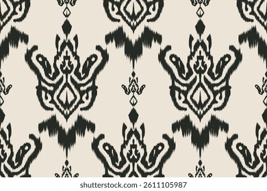 Seamless ikat pattern with abstract floral and tribal design in black and beige, ethnic textile background perfect for fabric, fashion, home decor, wallpaper, and wrapping