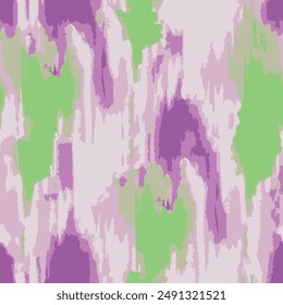 Seamless ikat pattern with abstract hand drawn art ethnic tie-dye background elements in green and purple colors