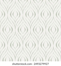 Nahtloses Ikat-Muster. In: Aztec Ethnic Design. Zickzack-Motiv. Grüner Stickhintergrund. Geometrische Drucke für Textilien. Abstrakter Stammesteppich. Batik mit handgezeichneter Klarinette. Vektorillustration