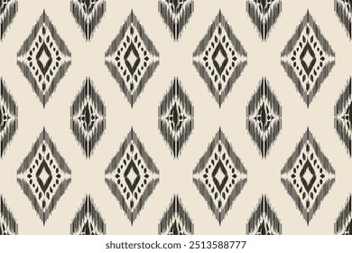 Seamless ikat pattern with black diamond geometric patterns on a cream background. Suitable for printing fabric, wallpaper, fashion and home decoration in traditional ethnic style.