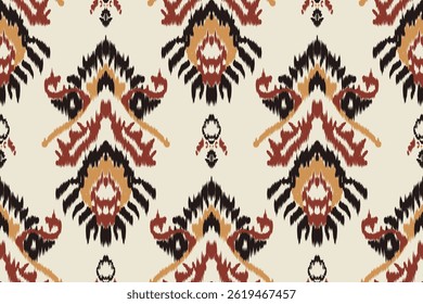 Seamless ikat pattern with bold black, red and mustard yellow ethnic tribal motifs. Traditional brushed texture. Ideal for fabric wallpapers, fashion prints and cultural decorations.