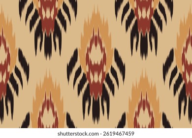 Seamless ikat pattern with bold black, red and mustard yellow ethnic tribal motifs. Traditional brushed texture. Ideal for fabric wallpapers, fashion prints and cultural decorations.