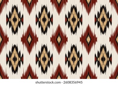 Seamless Ikat pattern with bold tribal diamond motifs in red, black, and beige. Traditional textile-inspired design for fabric, wrapping paper, wallpaper, and ethnic crafts.