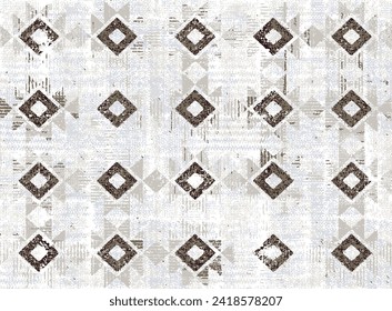 Patrón de ikat sin soldadura en blanco beige marrón. Alfombras, alfombras o fondo étnico de fondo para estampado textil o papel tapiz de textura abstracta con textura gruesa