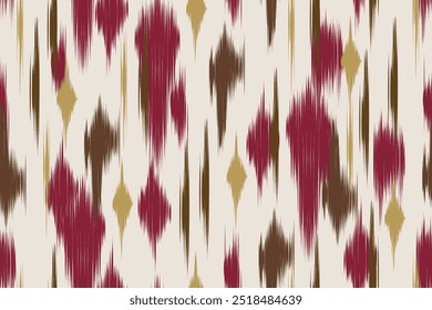 Patrón de ikat sin fisuras con tonos borgoña, marrón y amarillo sobre un fondo beige. Diseño Abstractas para tela, Fondo de pantalla y decoración del hogar. Patrón de tela tradicional con Formas geométricas brillantes.