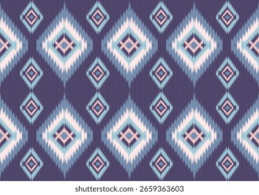 A seamless Ikat pattern with diamond motifs in shades of navy, soft pink, and icy blue. The texture mimics handwoven threads, creating a rhythmic, ethnic elegance.