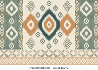 Seamless Ikat pattern in earthy beige, brown, and deep green with a woven texture effect. Ideal for fabric prints, traditional textile art, ethnic fashion, upholstery, and rustic home decor themes.
