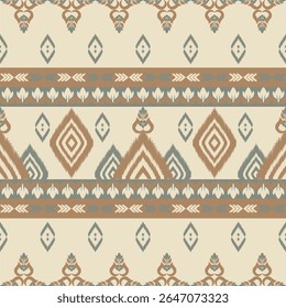 Padrão de ikat sem costura em tons de bege, marrom e verde com textura tecida e motivos de diamante geométrico. Ótimo para moda étnica, estampas de tecido, decoração rústica e estofamento.
