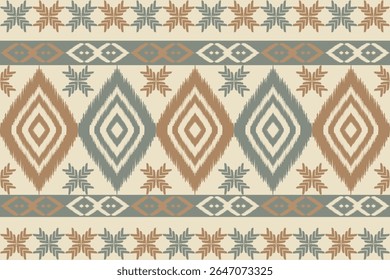 Padrão de ikat sem costura em tons de bege, marrom e verde com textura tecida e motivos de diamante geométrico. Ótimo para moda étnica, estampas de tecido, decoração rústica e estofamento.