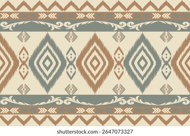 Padrão de ikat sem costura em tons de bege, marrom e verde com textura tecida e motivos de diamante geométrico. Ótimo para moda étnica, estampas de tecido, decoração rústica e estofamento.