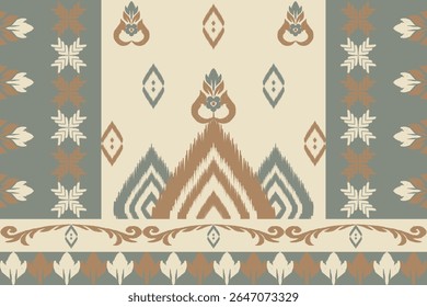 Seamless ikat pattern in earthy beige, brown, and green tones with woven texture and geometric diamond motifs. Great for ethnic fashion, fabric prints, rustic decor, and upholstery.