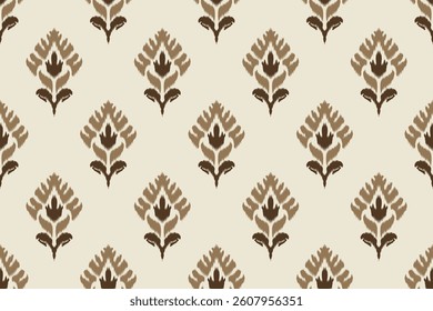 Seamless Ikat pattern in earthy brown tones with geometric floral motifs. Traditional textile design for fabrics, wallpapers, wrapping paper, crafts, and ethnic-inspired decor.