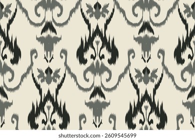 Seamless Ikat pattern with elegant damask-style tribal motifs in dark green and black on a light beige background, perfect for ethnic textiles, fabric prints, home decor, and crafts.
