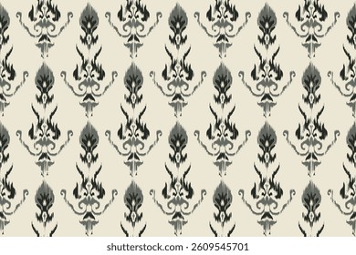 Seamless Ikat pattern with elegant damask-style tribal motifs in dark green and black on a light beige background, perfect for ethnic textiles, fabric prints, home decor, and crafts.