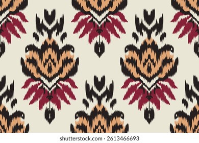 Seamless ikat pattern with ethnic floral motifs in red, purple, black and tan on a light background. Perfect for textile design, fabric printing, wallpaper and bohemian home decor.