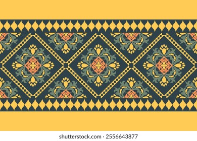 Seamless Ikat pattern fabric with geometric and flower designs, Ikat, seamless, fabric, textile, geometric, flower, design