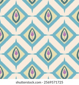 A seamless ikat pattern featuring diamond shapes with lotus flower motifs.The design is crafted in calming shades of blue,beige,and purple.making it ideal for textiles,wallpapers and digital bg.