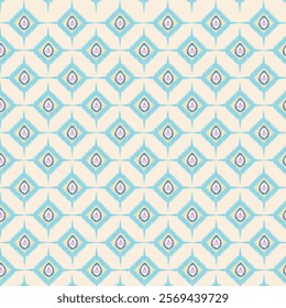 A seamless ikat pattern featuring diamond-shaped motifs in soft blue, ivory, and pink tones. Perfect for fabric design, wallpaper, home decor, and digital backgrounds.