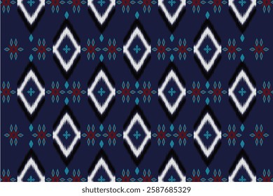 A seamless Ikat pattern featuring diamond-shaped motifs in white and black on a deep navy blue background. making it suitable for fabric prints, wallpapers, or digital backgrounds.