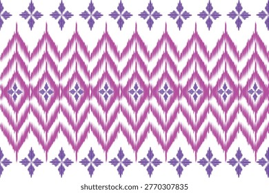 Seamless ikat pattern featuring zigzag chevron lines and diamond motifs in vibrant purple and pink tones. Inspired by traditional textile dyeing techniques with a modern bohemian touch. Perfect for fabric, fashion, wallpaper, home decor, and surface pattern design.